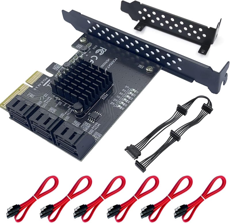 Xdingjiala PCIe SATA Expansion Card 6 Ports 4X with ASM1166 Chip - 6Gbps, Gen 3 Controller Adapter, Non-Raid, with 6 SATA Cables & Low - Profile Bracket, Plug and Play for Windows XP/7/8/10, Linux, MAC OS - Image 1